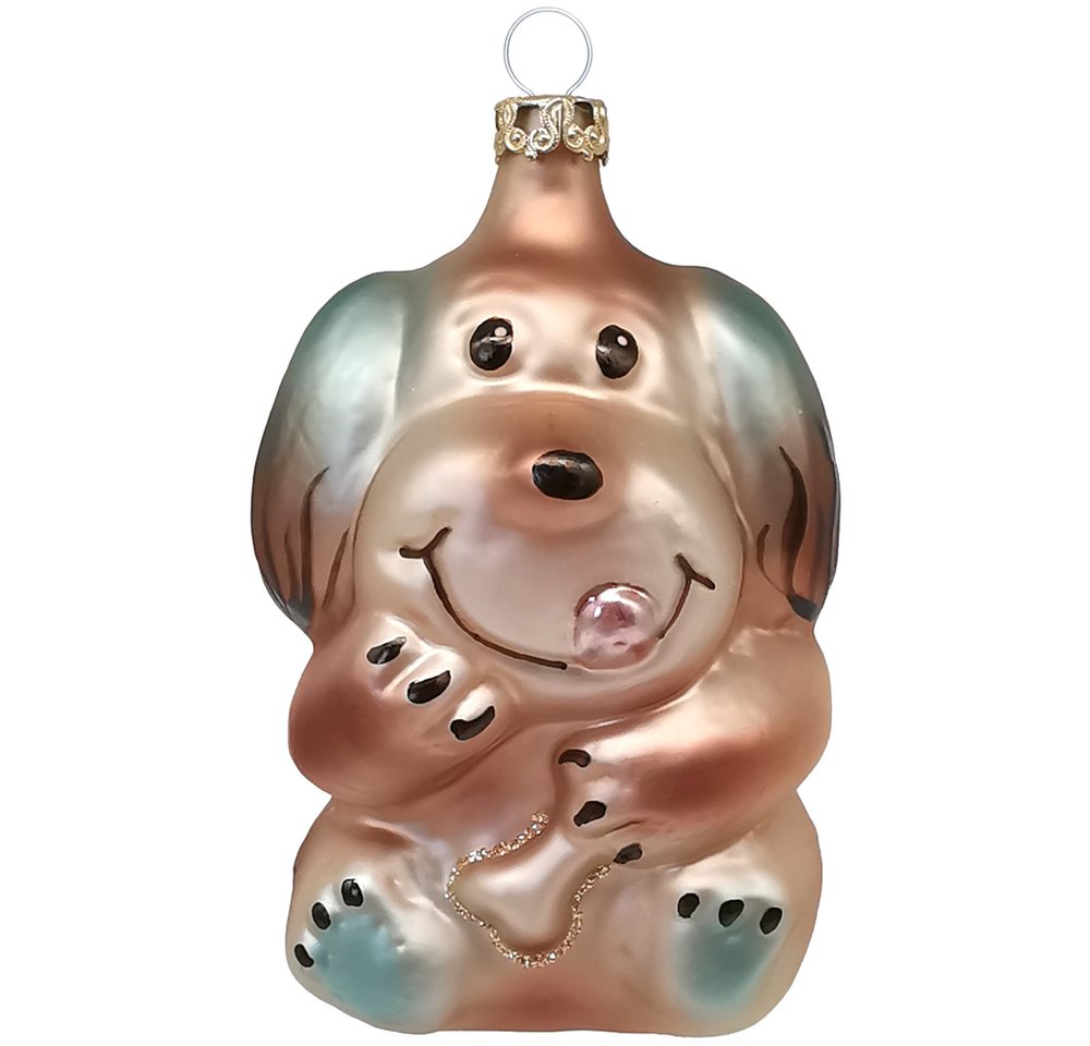 Thüringer Glasdesign Christbaumschmuck Hund mit Knochen 9cm (1-tlg), mundgeblasen, handbemalt von Thüringer Glasdesign