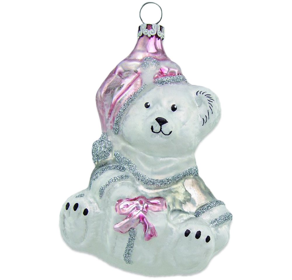 Thüringer Glasdesign Christbaumschmuck Teddy mit Geschenk eisweiss 9cm (1-tlg), mundgeblasen, handbemalt von Thüringer Glasdesign