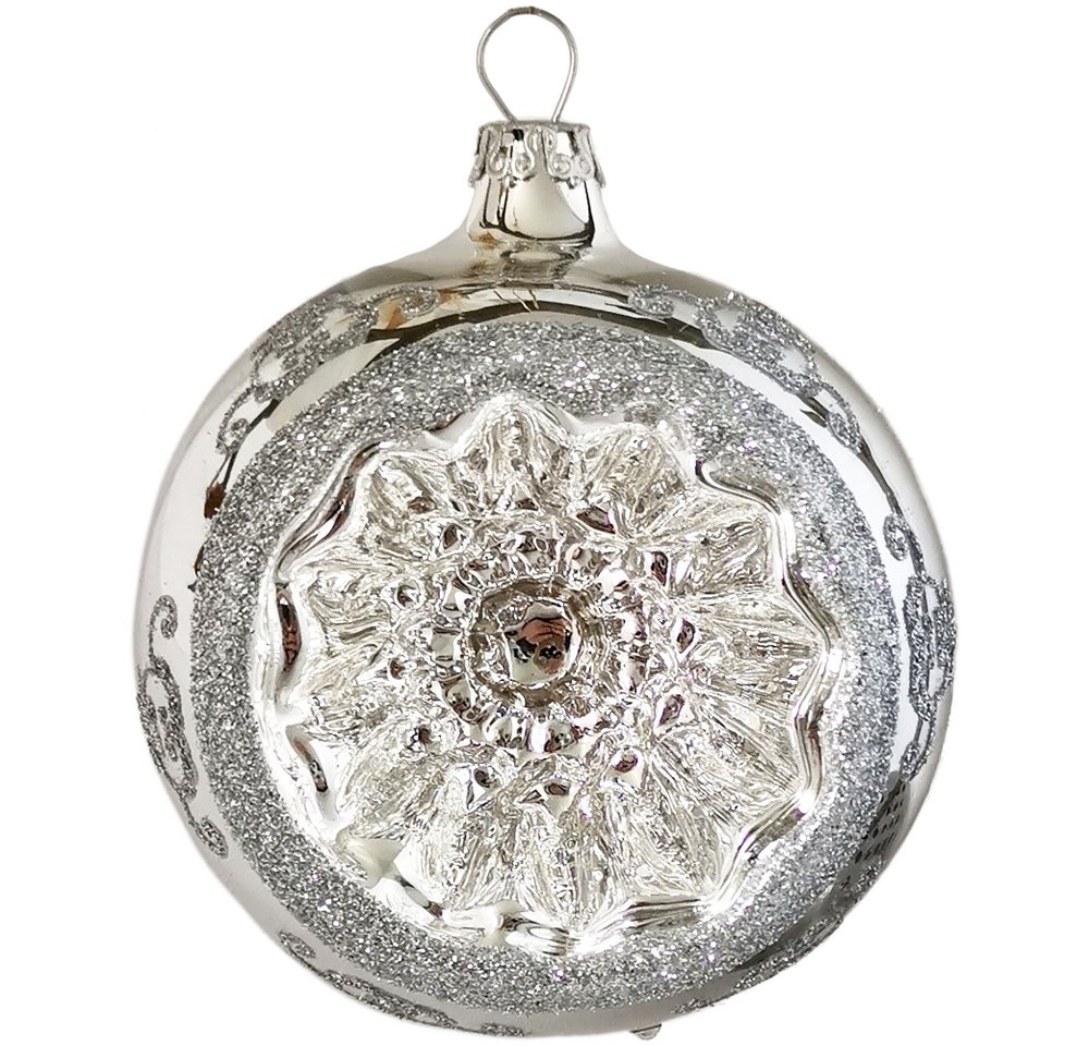 Weihnachtsbaumkugel Reflexkugel, Renaissanceband, silber glanz (1 St), mundgeblasen, handbemalt von Thüringer Glasdesign