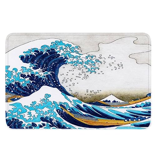 TiaoTian Fußmatte 60x90 Kanagawa Waschbar Fussmatte innen rutschfeste Schmutzfangmatte Türmatte Eingang Teppich 3D Druck Design Wellen Japan Manga Flanell fußmatte für Haustür Innen von TiaoTian