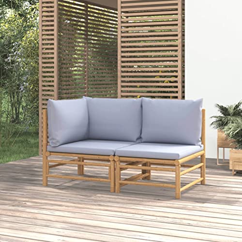 Tidyard 2-TLG. Garten Lounge Sofa, Balkonlounge, Terrassensofa, Garten Sitzgruppe, Lounge Sofa 2er Outdoor, Garten Möbelsets Bambus, Kissen, Hellgrau, Eckteil + Mittelteil von Tidyard