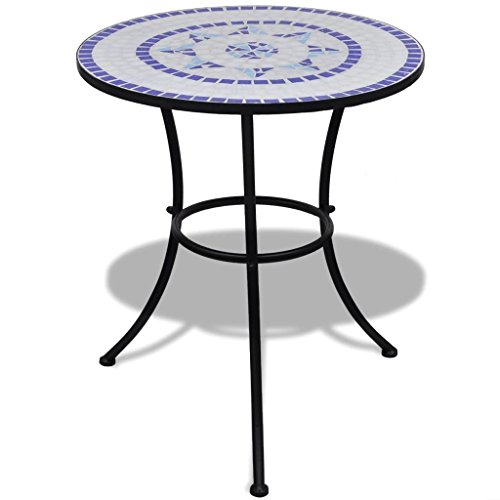 Tidyard Tisch Mosaiktisch Gartentisch Bistrotisch Balkontisch mit Eisenrahmen, Blau+Wei?, Rund, 60 x 70 cm (? x H) von Tidyard