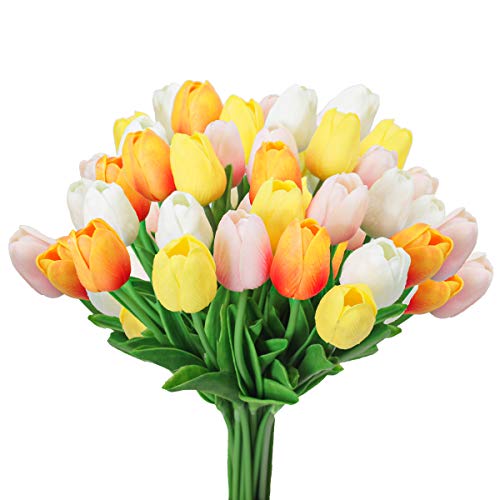 Tifuly 24 Stück künstliche Tulpen, realistische Latex-Tulpe mit weichem PU-Stiel, Elegante Blumendekoration für Brautsträuße, Haus, Party, Büro, DIY Blumenarrangements (Weiß+Rosa+Orange+Gelb) von Tifuly