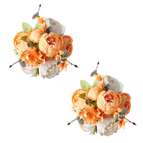 Tifuly Künstliche Pfingstrosen Sträuße, 13 Blütenköpfe Realistische Seide Pfingstrosen Vintage Blumen für Zuhause Hochzeit Büro Party Dekoration, Blumenarrangement, Mittelstücke, 2St(Orange Weiß) von Tifuly