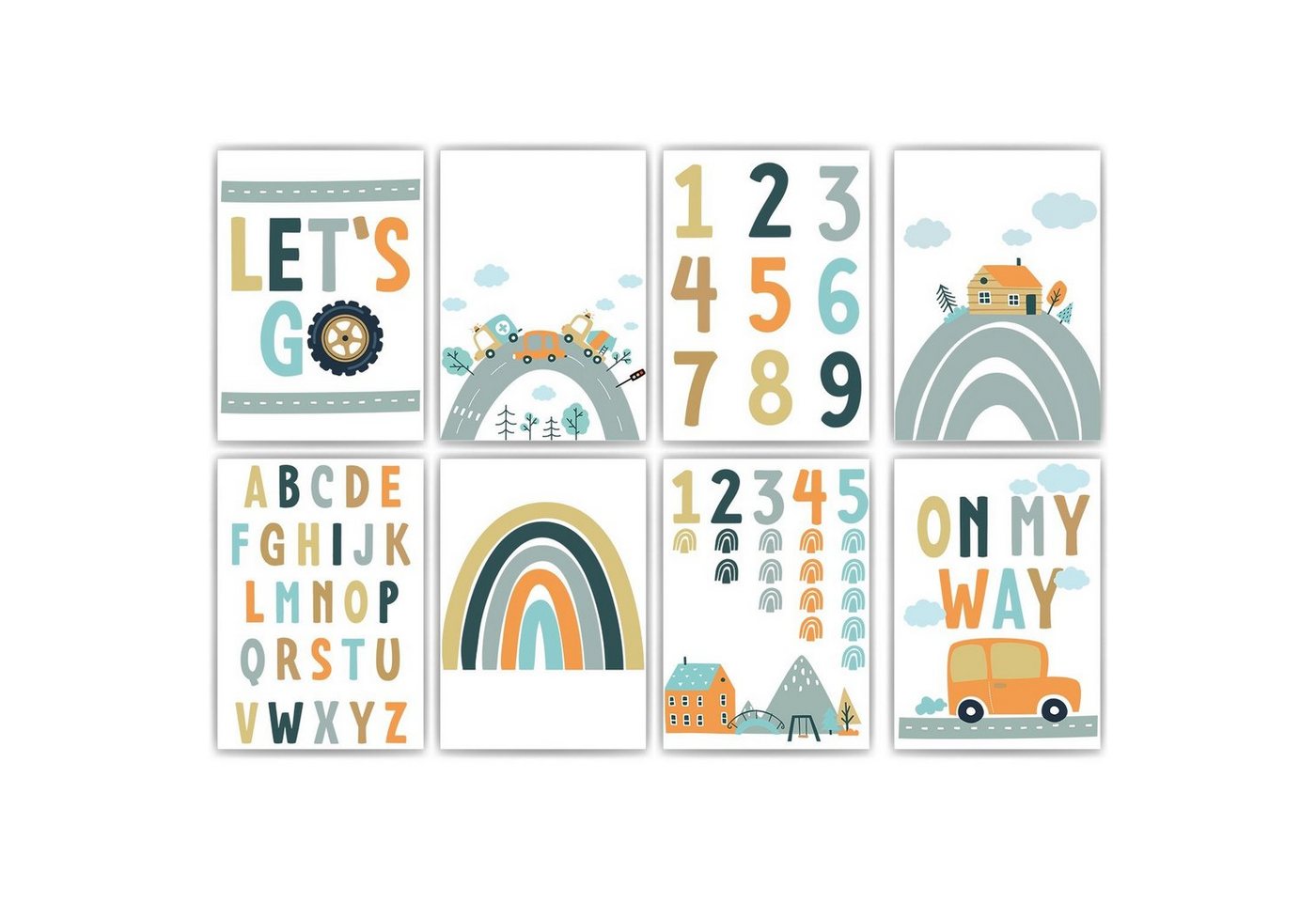 Tigerlino Poster Kinderposter 8er Set ABC Zahlen Autos Lernposter Verkehr Kinderzimmer von Tigerlino