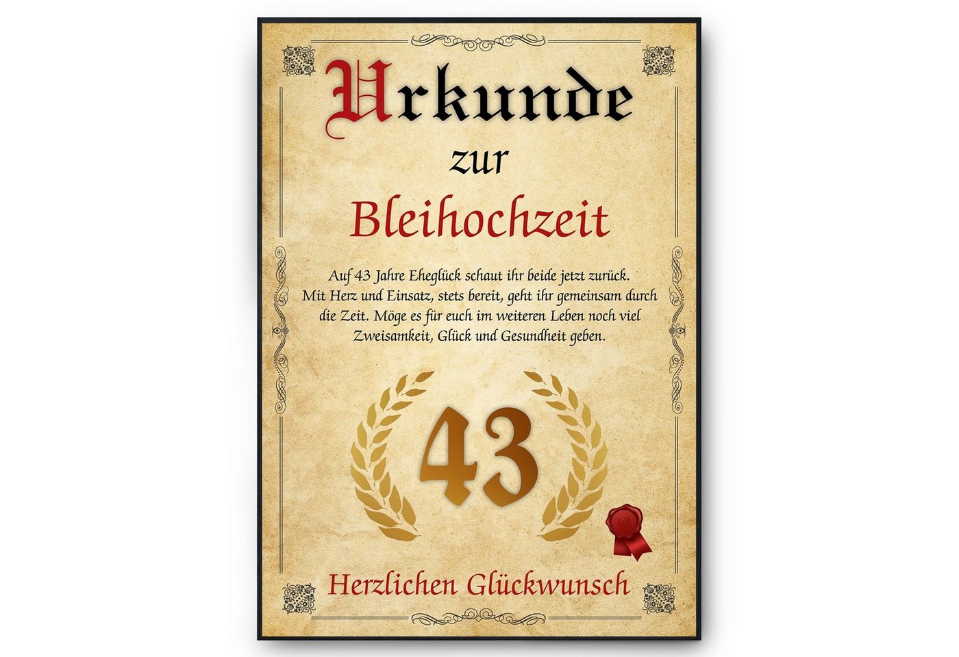 Tigerlino Poster Urkunde zum 43. Hochzeitstag Geschenk 43. Jahrestag Karte Ehepaar, Bleihochzeit von Tigerlino