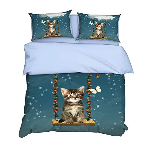 Timiany Bettwäsche Katze Bettbezüge Set Tier Blume Süßes Haustier Bett Sets 2/3Teilig Bettbezüge/Kissenbezüge/Bettlaken Für Kinder,Jungen,Mädchen200×200+50×75cm (Katze F,135x200+80x80) von Timiany