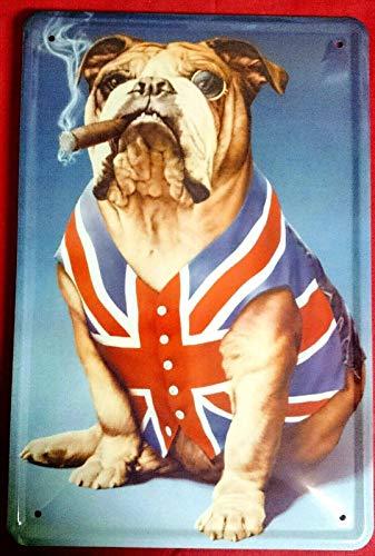 Blechschild 20x30 cm englische Bulldogge Hund Tiere Parodie Winston Churchill Zigarre Bar Kneipe Metall Schild von Tin Sign