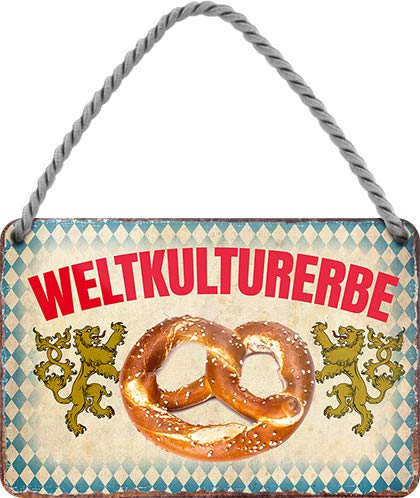 Tin Sign Hängeschild Blechschild 18x12 cm Weltkulturerbe Bayern Deutschland München Brezel Salz Breze Deko Schild mit Kordel + Saugnapf H017 von Tin Sign