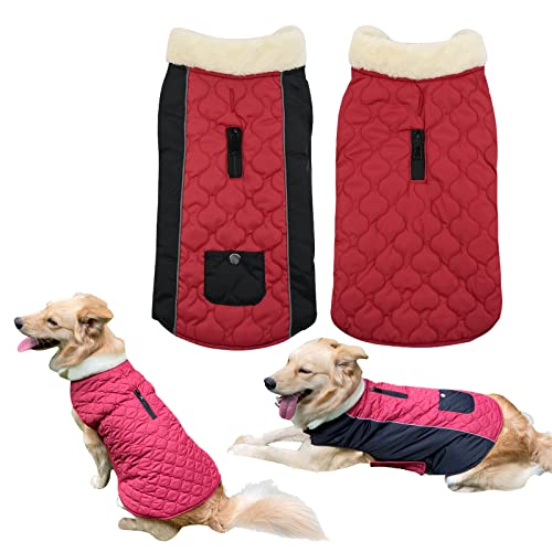 Tineer Reversible Hundemantel mit Tasche, Winddicht wasserdicht Winter gepolsterte Jacke Weste, warme Hund Winterkleidung Kleidung für kleine mittlere große Hunde für kaltes Wetter (M, Weinrot) von Tineer