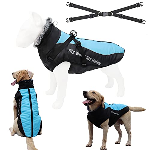 Tineer Warme Winter Hundejacke mit abnehmbarem Geschirr-Outfit, wasserdichter reflektierender Hundemantel mit Pelzkragen Kaltwetterkleidung Bekleidung für mittelgroße Hunde (3XL, Blau) von Tineer