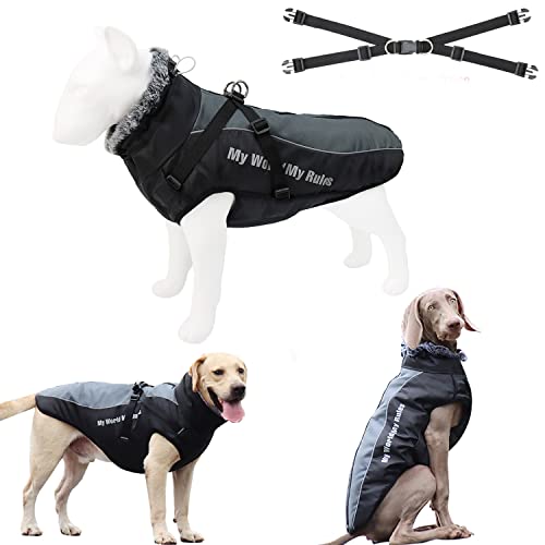 Tineer Warme Winter Hundejacke mit abnehmbarem Geschirr-Outfit, wasserdichter reflektierender Hundemantel mit Pelzkragen Kaltwetterkleidung Bekleidung für mittelgroße Hunde (4XL, Grau) von Tineer