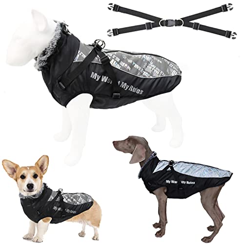 Tineer Warme Winter Hundejacke mit abnehmbarem Geschirr-Outfit, wasserdichter reflektierender Hundemantel mit Pelzkragen Kaltwetterkleidung Bekleidung für mittelgroße Hunde (4XL, Silber Weiss) von Tineer