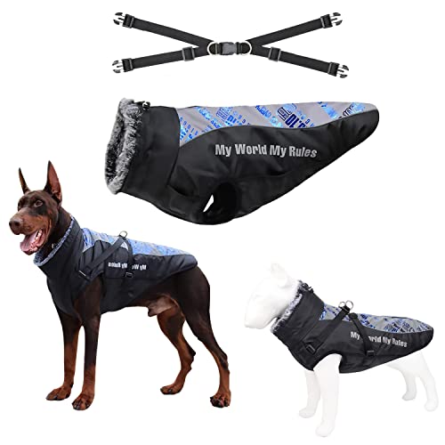 Tineer Warme Winter Hundejacke mit abnehmbarem Geschirr-Outfit, wasserdichter reflektierender Hundemantel mit Pelzkragen Kaltwetterkleidung Bekleidung für mittelgroße Hunde (XL, Silber Blau) von Tineer