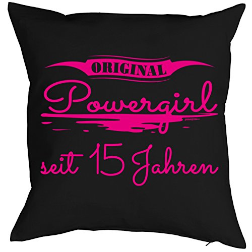 Tini - Shirts 15 Geburtstag Kissen - Kuschelkissen Kinder - Geburtstagsfeier 15.Geburtstag Mädchen : Original Powergirl seit 15 Jahren - Deko - Kissen ohne Füllung - Farbe: schwarz von Tini - Shirts