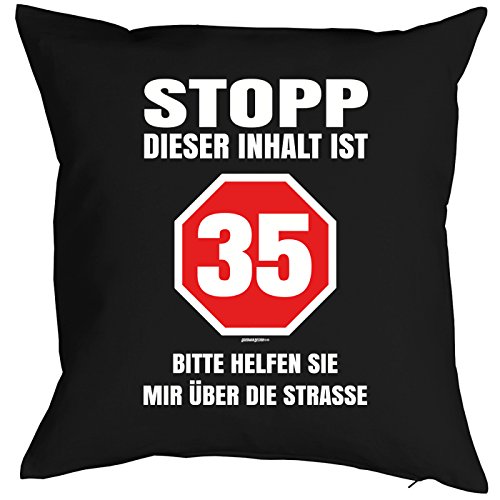 Unbekannt Sprüche-Kissen zum 35 Geburtstag - Geschenk-Idee Dekokissen 35 Jahre : Stopp Dieser Inhalt ist 35 - Geburtstag 35 - Kissen mit Füllung - Farbe: schwarz von Tini - Shirts