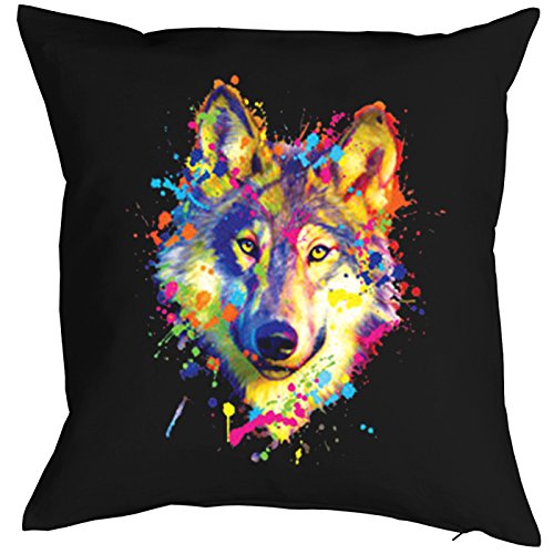 Unbekannt Wolf Motiv Kissen - Kuschelkissen bunter Wolf Wildtiere : Wolf Kissen mit Füllung Farbe: schwarz von Tini - Shirts