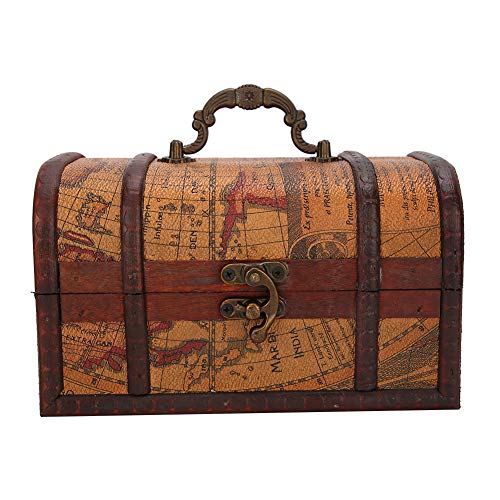 Tissting Vintage Deko Holz Schatzkiste, 18 x 10 x 11 cm Retro Atlas Muster Klein Schatztruhe Münze Piratenkiste Kinder Spielzeug Holzkiste für Karten Schmuck Kleine Gegenstände von Tissting