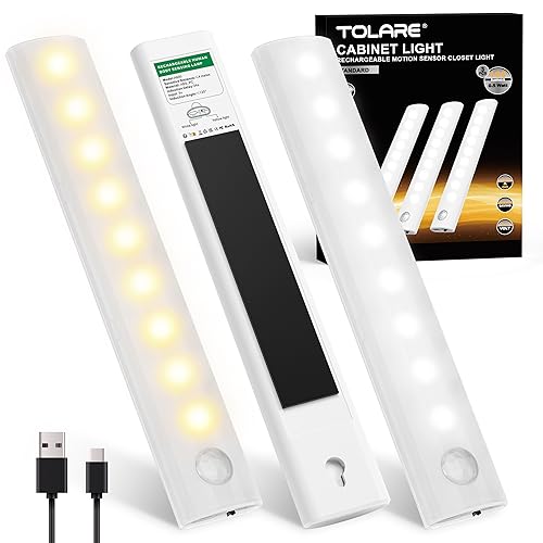 Tolare LED Schrankbeleuchtung mit Bewegungsmelder, 2 Farben Verstellbar Kabellose LED Unterbauleuchte, USB-C Wiederaufladba Schranklicht, Tragbares LED Leiste Batterie Schrankleuchte - 3 Stück von Tolare