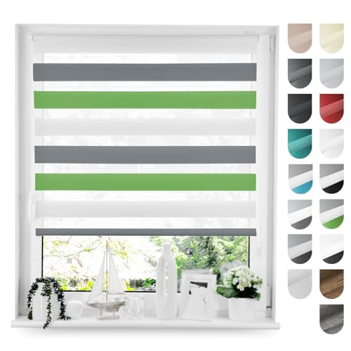 Tom'Shop® Doppelrollo [Grün & Weiß & Grau, 45cm x 150cm] Duo Rollos für Fenster Klemmfix ohne Bohren mit Klämmträger Fensterrollo von Tom'Shop