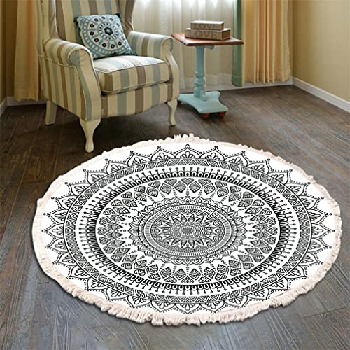 Teppich Rund Bohemian Blume Groß Teppich Mandala Muster Quasten Waschbarer Baumwolle Teppich Wohnzimmer Schlafzimmer (180cm,Grau-Schwarz) von Tomifine