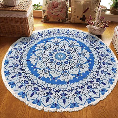 Tomifine Rund Teppich Mandala Böhmen, Handgewebte Teppiche Blumen Teppich Baumwolle Polyester mit Quasten Waschbar für Wohnzimmer Schlafzimmer Küche (60 cm,Blau grau) von Tomifine