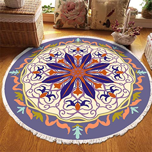 Tomifine Rund Teppich Mandala Böhmen, Handgewebte Teppiche Blumen Teppich Baumwolle Polyester mit Quasten Waschbar für Wohnzimmer Schlafzimmer Küche (90 cm,Violett) von Tomifine