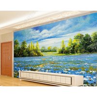 Original Blaue Blumen Meer Landschaft Ölgemälde Tv Hintergrund Tapete Wandbild von Tomwallart