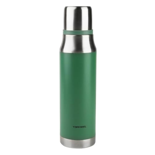 TOPFANN Hochwertiger Edelstahl Isolierkanne 1 Liter, Thermo Isolierflasche, Integrierte Tasse, Thermokanne, Thermosflaschen, Kaffeekanne, Warm + Kalthaltung, 100% dicht, Grün von Topfann