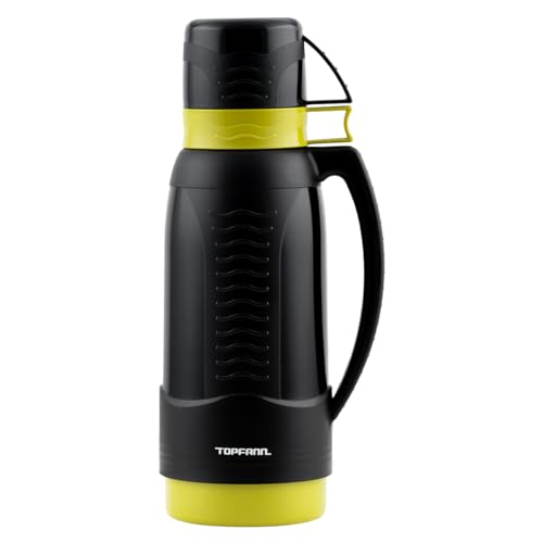 TOPFANN Isolierkanne 1 Liter, Thermo Isolierflasche, 2 x Integrierte Tasse, Thermokanne, BPA-frei - gesundes trinken, Glaskolben, Kaffeekanne, Warm + Kalthaltung, 100% dicht, Schwarz und Grün von Topfann