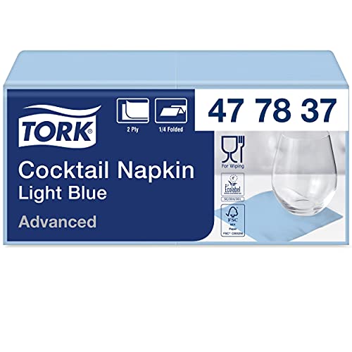 Tork 477837 Cocktailservietten Hellblau / Cocktail Serviette in Advanced Qualität mit 1/4 Falz / 12 x 200 (2400) Servietten / 23,8 x 24 cm (B x L) von Tork