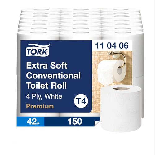Tork extra weiches Kleinrollen Toilettenpapier Weiß T4, Premium, 4‑lagig, 42 x 150 Blatt, 110406 von Tork