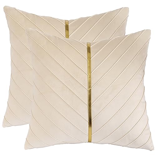 Tosleo 2 Stück Samt Kissenbezüge 60x 60 cm Dekorative Kissenhülle mit Gold Leder Luxus Moderne für Wohnzimmer Schlafzimmer Sofa Kissen Bett Creme von Tosleo