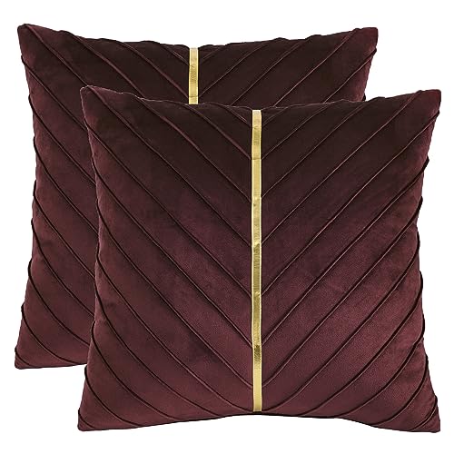 Tosleo 2 Stück Samt Kissenbezüge 45x 45 cm Dekorative Kissenhülle mit Gold Leder Luxus Moderne für Wohnzimmer Schlafzimmer Sofa Kissen Bett Weinrot von Tosleo