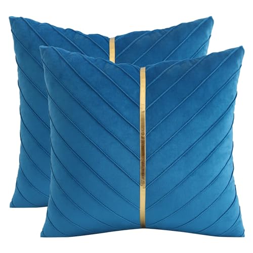 Tosleo 2 Stück Samt Kissenbezüge 55x 55 cm Dekorative Kissenhülle mit Gold Leder Luxus Moderne für Wohnzimmer Schlafzimmer Sofa Kissen Blauer See von Tosleo