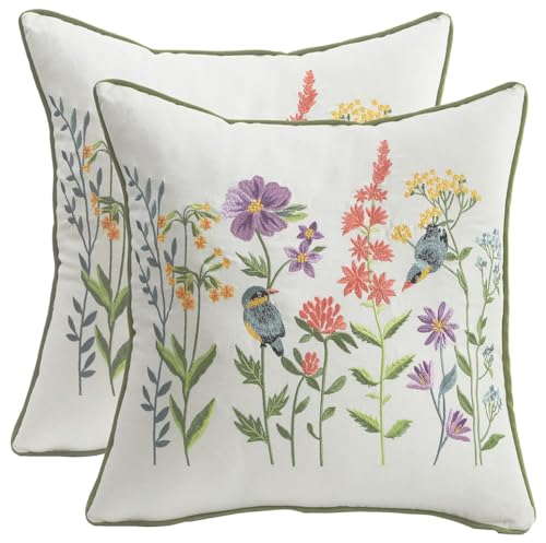 Tosleo 2er Set Dekorativ Kissenbezug Bestickte 40x 40cm Kissenhülle Bunte Blumen Vogel Kissen Baumwolle Leinen kissenhüllen für Schlafzimmer Wohnzimmer Büro Garten Sofa Bauernhaus Automobil von Tosleo