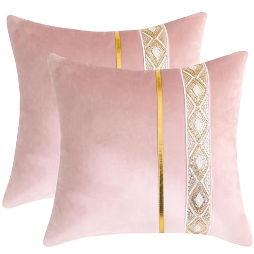 Tosleo 2er Set Dekorative Samt Kissenbezüge 45x45cm Zierkissenhülle mit Gestickte Goldbarren Gestreiftes Gold Leder für Schlafzimmer Sofa Balkon Büro Rose von Tosleo