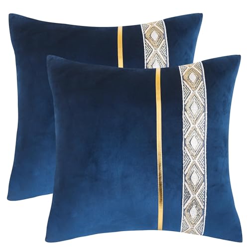 Tosleo 2er Set Dekorative Samt Kissenbezüge 45x45cm Zierkissenhülle mit Gestickte Goldbarren Gestreiftes Gold Leder für Schlafzimmer Sofa Büro Balkon Blau von Tosleo