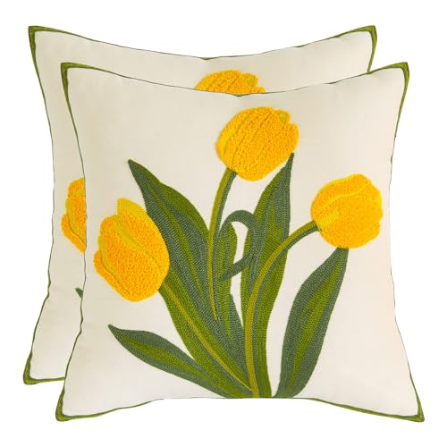 Tosleo 2 Stück kissenbezüge Bestickte Dekorative Kissenhülle Gelbe Tulpe 45x45cm Blume Kissenbezug Wurfkissenbezüge für Gartenlounge Sofa Dekokissen Wohnzimmer Schlafzimmer Bauernhaus von Tosleo