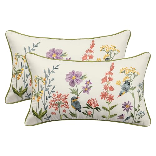 Tosleo 2er Set Kissenbezug Stickerei 30x50cm Kissenhülle Bunte Blumen Vogel Kissen Baumwolle Leinen kissenhüllen für Schlafzimmer Wohnzimmer Büro Garten Sofa Bauernhaus Automobil von Tosleo