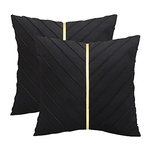 Tosleo Kissenbezüge 2er Set Samt Kissen mit Goldfarbenem Leder Dekokissen Moderne Luxuriös für Sofa Gartenbett Couch Wohnzimmer Sofakissen Bett (Black, 40 x 40 cm) von Tosleo