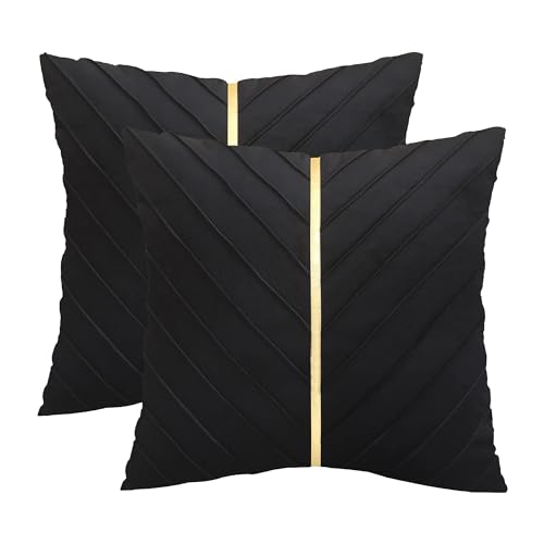 Tosleo Kissenbezüge 2er Set Samt Kissen mit Goldfarbenem Leder 50x50cm Dekokissen Moderne Luxuriös für Sofa Gartenbett Couch Wohnzimmer Sofakissen Bett Schwarz von Tosleo