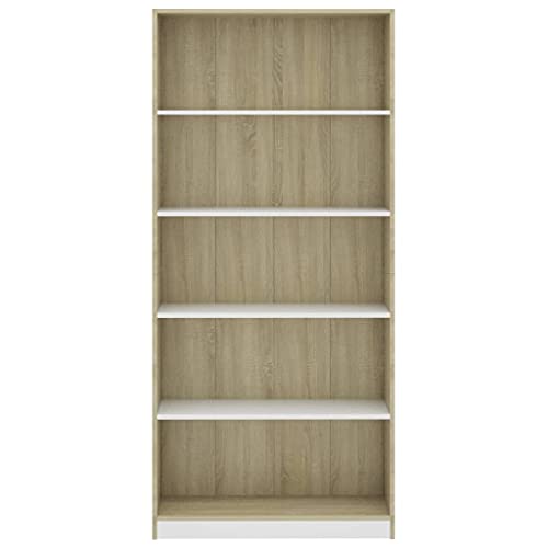 Tovnuea Bücherregal, 5 Ebenen, Aufbewahrungsregal, Bücherregal, vielseitig, Seitenschrank, Innendekoration, elegantes und klassisches Design, Weiß und Sonoma-Eiche, 80 x 24 x 175 cm von Tovnuea