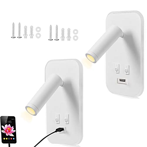 Towwoo 2 Stück Leselampe Wandmontage mit USB Anschluss, 3W + 9W 3000K LED Warmweiß Bettlampe, Verstellbarer Strahler Innen Wandlampe Schlafzimmer mit Schalter für Schlafzimmer Hotels (Weiß) von Towwoo