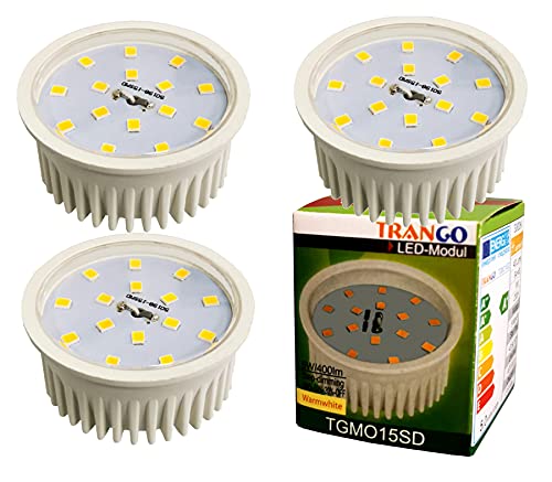 Trango 3er Pack MO15SD*3 Ultra flach 5Watt 3 Stufen dimmbar LED Modul 3000K warmweiß zum Austauschen GU10 & MR16 Halogen Leuchtmittel, Einbauleuchten, Deckenstrahler, Einbaustrahler, Deckenleuchte von Trango