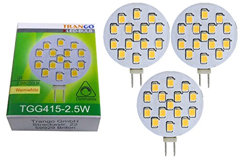 Trango 3er Pack G415-2.5 LED Leuchtmittel G4 Fassung zum Austausch G4 MR16 Halogen Leuchtmittel 12Volt AC/DC - 2.5 Watt 250 Lumen 3000K warmweiß Möbel Einbaustrahler, Einbauleuchte, Deckenleuchte von Trango