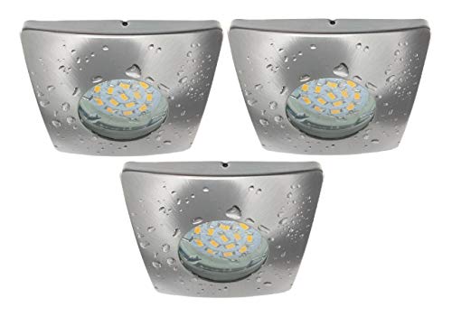 Trango 3er Set IP44 dimmbare LED Einbaustrahler in Edelstahl-Look Eckig 6729IP-032SGUSD inkl. 3x dimmbar LED Leuchtmittel für Bad, Dusche, Einbauleuchten, Deckenstrahler, Deckenspots, Spots von Trango