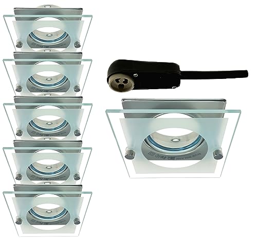 Trango 5er Set 6733-052SMOSD Einbauleuchte Nickel matt in Eckig mit Deko-Glas inkl. 6x 5 Watt 3-Stufen dimmbar Ultra Flach LED Modul, 3000K warmweiß Einbaustrahler, Deckenstrahler, Deckenspots von Trango