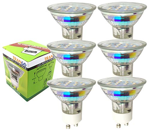 Trango 6er Pack GU1025*6 GU10 LED Leuchtmittel mit - 3 Watt - 3000K warmweiß zum Austausch GU10 & MR16 Halogen Leuchtmittel, für Einbauleuchten, Deckenstrahler, Einbaustrahler, Deckenleuchte, Spots von Trango