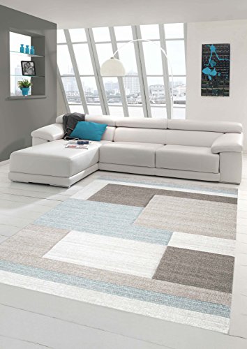 Traum Teppich Designerteppich Moderner Teppich Wohnzimmerteppich Kurzflor Teppich mit Konturenschnitt Karo Muster Pastellfarben Grau Beige Blau, Größe 60x110 cm von Teppich-Traum
